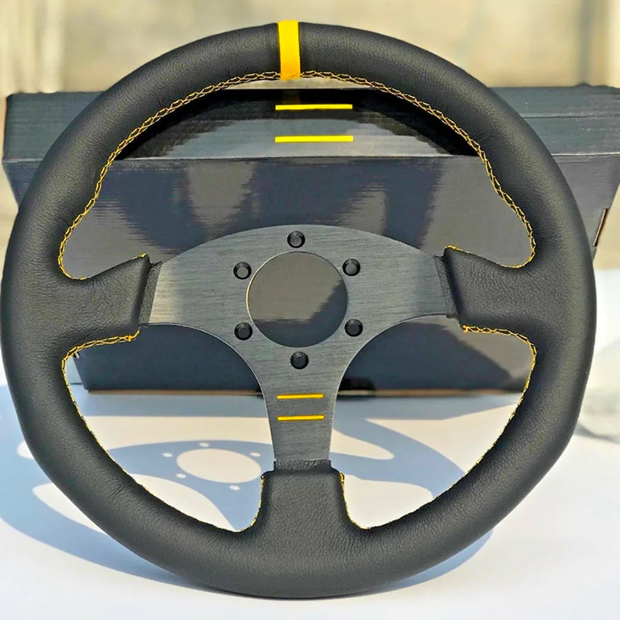 13'' Volante Car Sport Steering Wheel 330mm Flat Genuine Leather Game Steering Wheel For PC Red/Yellow Stitching
