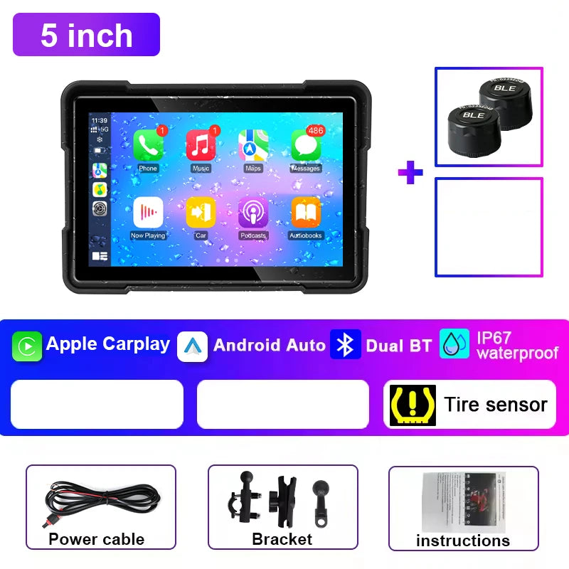 5 inch Carplay Motorcycle DVR Navigation GPS Wireless Carplay & Android Auto Display Screen Portable Motorbike DVR TPMS IPX7 BT