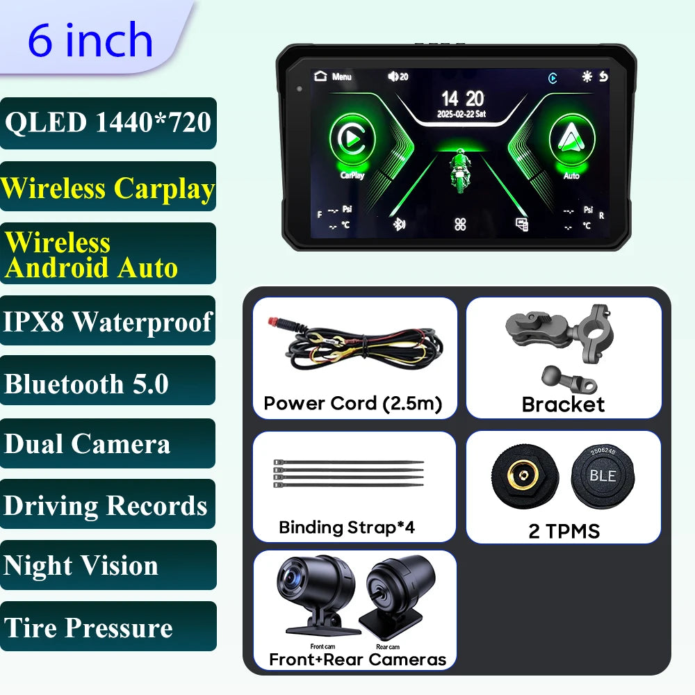 6 inch Motorcycle Navigation Incell Screen 1440*720 Wireless CarPlay Android Auto Motorcycle GPS Motor DVR Monitor TPMS Optional