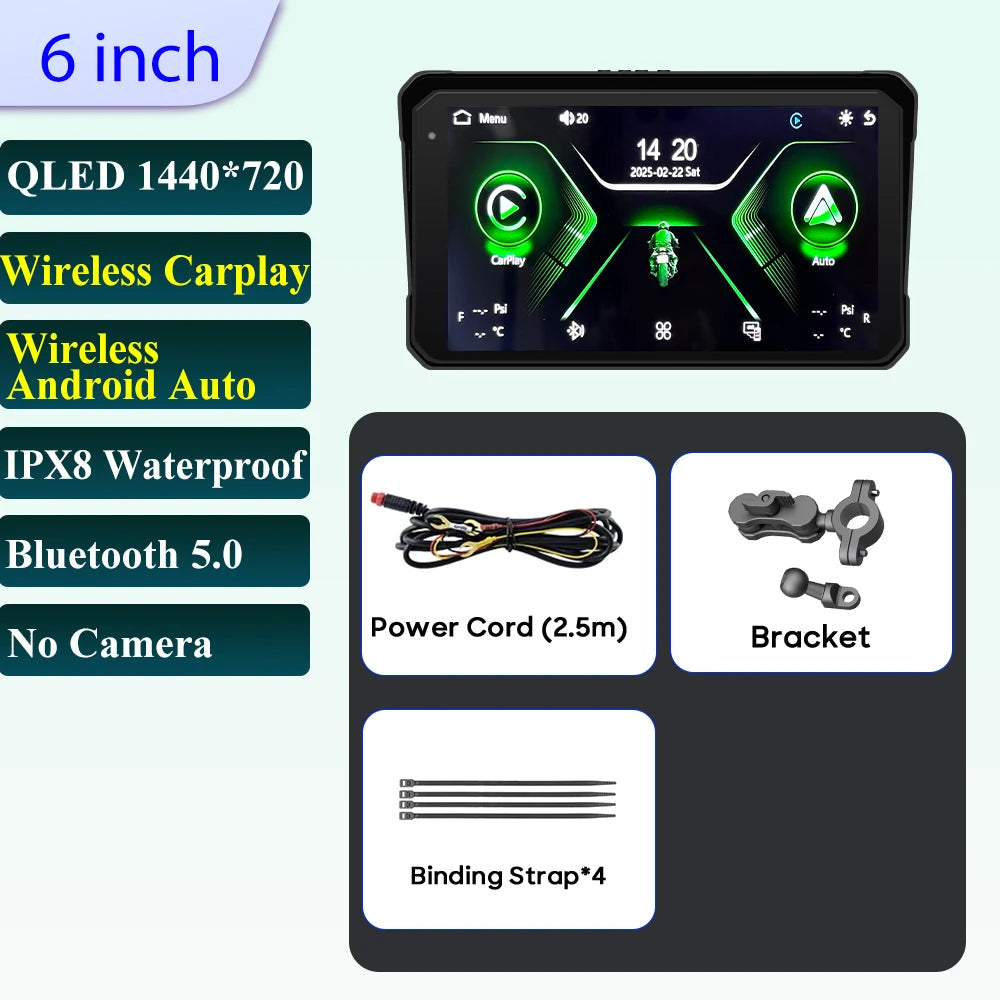 6 inch Motorcycle Navigation Incell Screen 1440*720 Wireless CarPlay Android Auto Motorcycle GPS Motor DVR Monitor TPMS Optional