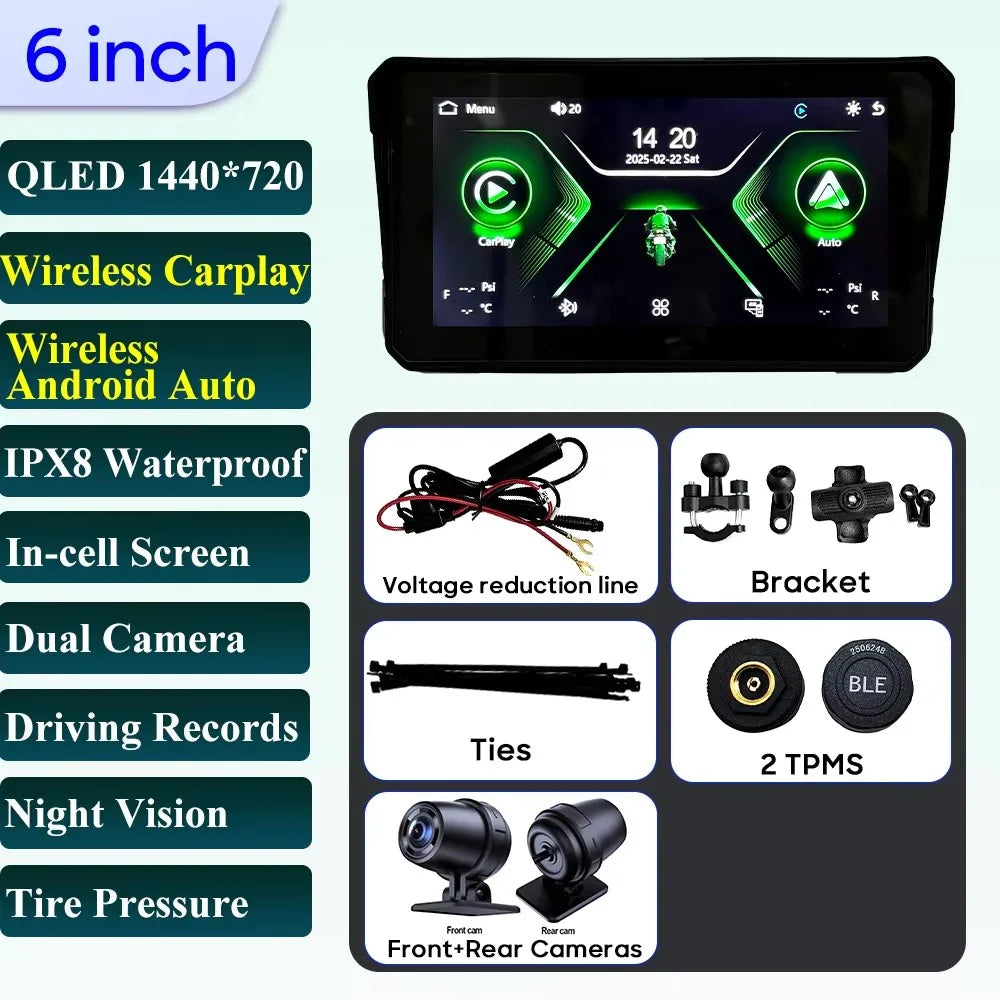 6 inch Motorcycle Navigation Incell Screen 1440*720 Wireless CarPlay Android Auto Motorcycle GPS Motor DVR Monitor TPMS Optional