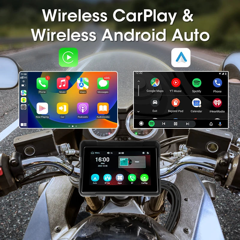 5 inch Carplay Motorcycle DVR Navigation GPS Wireless Carplay & Android Auto Display Screen Portable Motorbike DVR TPMS IPX7 BT