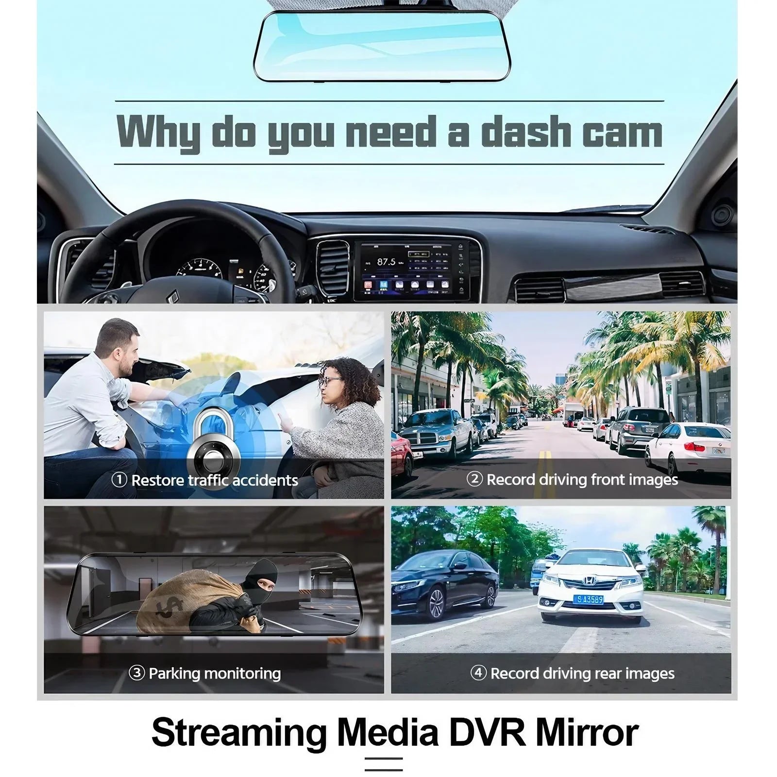 4K 10 WIFI Touch Screen Rear View Mirror Dash Cam Front and Rear Dual Cameras 24H Parking Monitor DVR Streaming Media