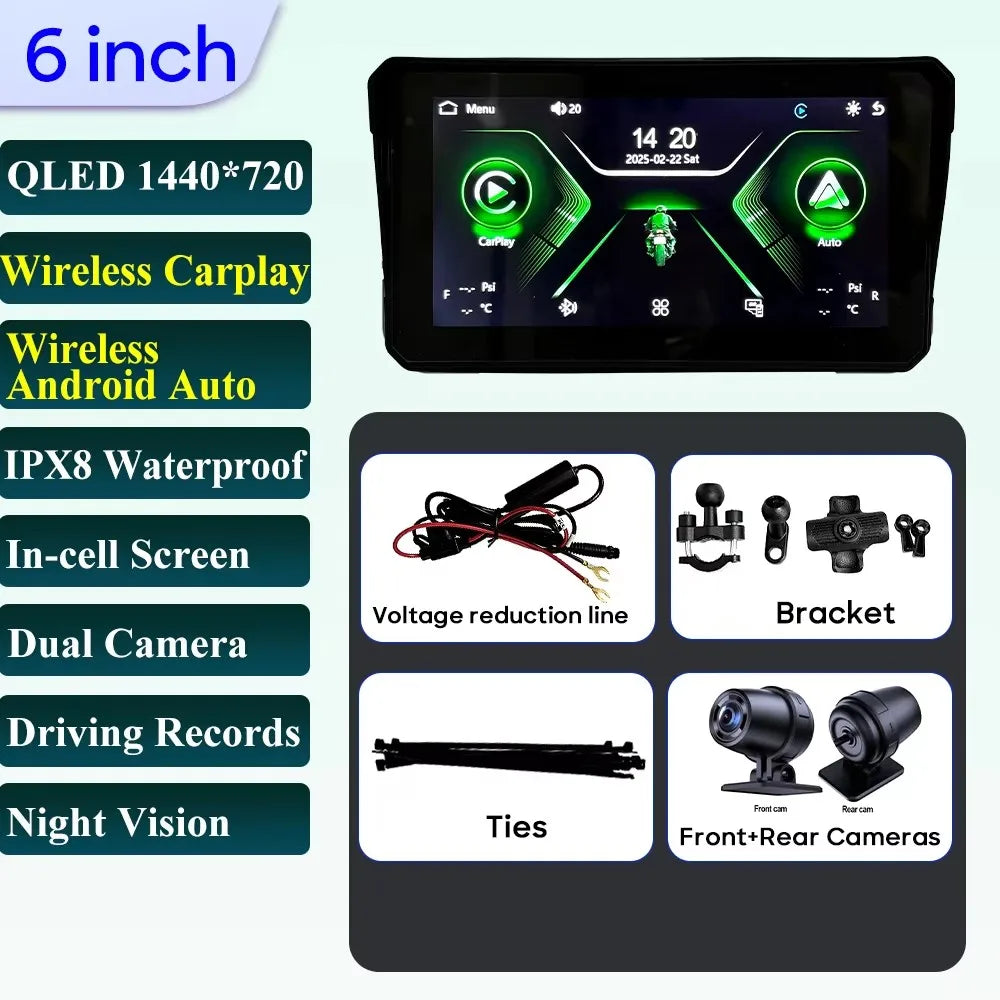 6 inch Motorcycle Navigation Incell Screen 1440*720 Wireless CarPlay Android Auto Motorcycle GPS Motor DVR Monitor TPMS Optional