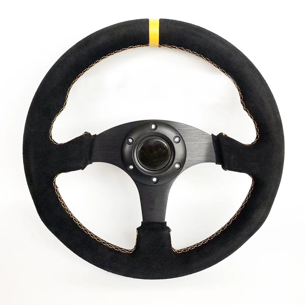 13'' Volante Car Sport Steering Wheel 330mm Flat Genuine Leather Game Steering Wheel For PC Red/Yellow Stitching