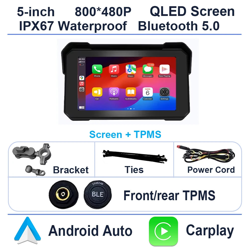 5 inch Motorcycle Carplay Waterproof 1080P WiFi Wireless Android-Auto DVR Monitor Dash Cam GPS Navigation TPMS