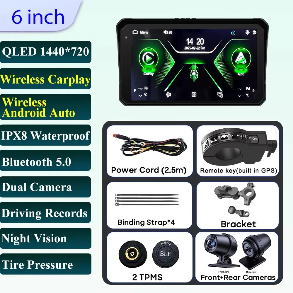 6 inch Motorcycle Navigation Incell Screen 1440*720 Wireless CarPlay Android Auto Motorcycle GPS Motor DVR Monitor TPMS Optional