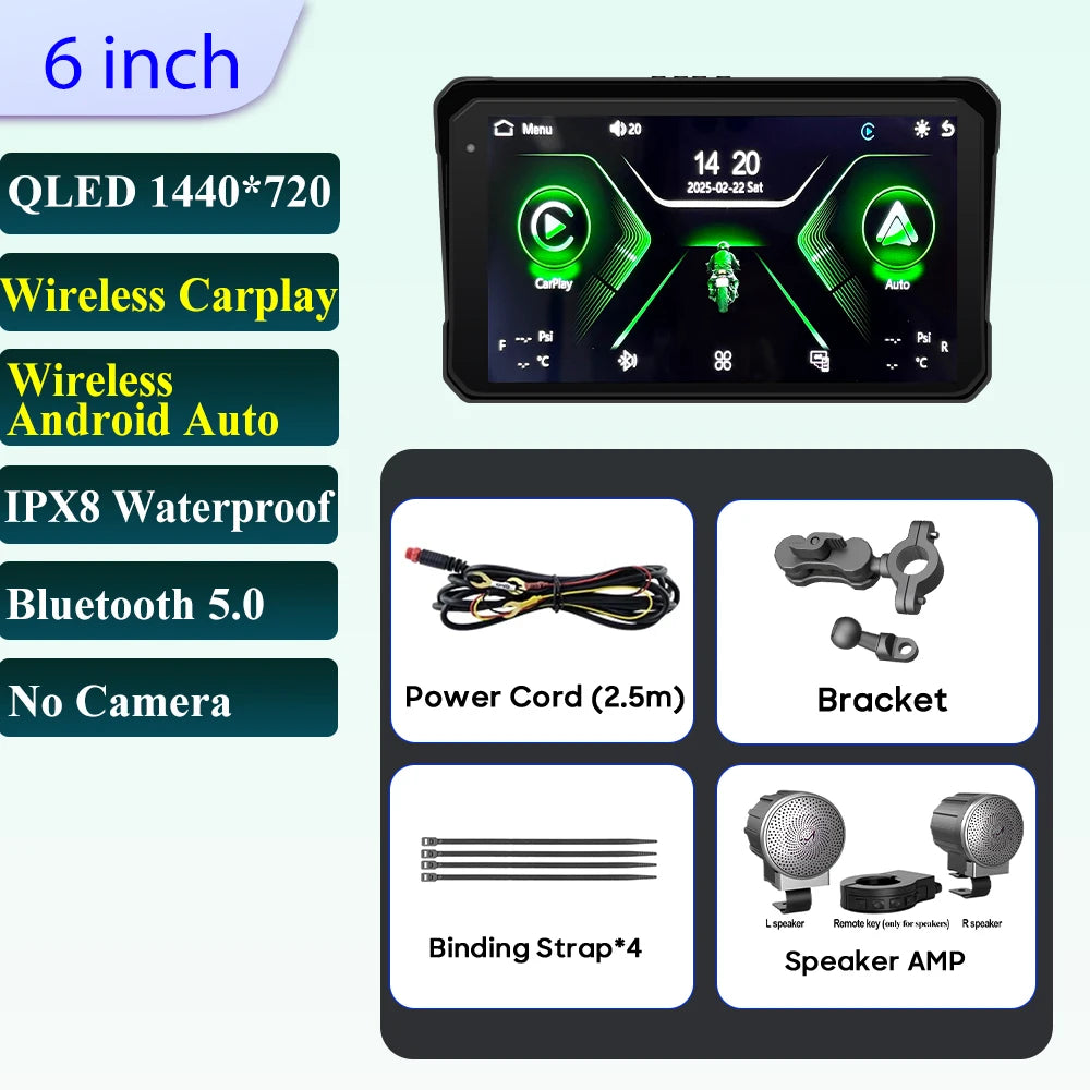 6 inch Motorcycle Navigation Incell Screen 1440*720 Wireless CarPlay Android Auto Motorcycle GPS Motor DVR Monitor TPMS Optional