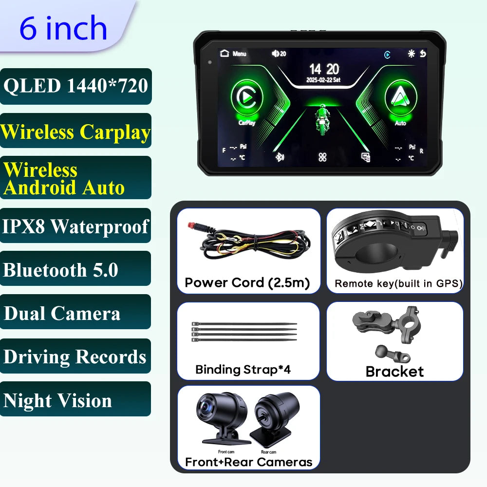 6 inch Motorcycle Navigation Incell Screen 1440*720 Wireless CarPlay Android Auto Motorcycle GPS Motor DVR Monitor TPMS Optional