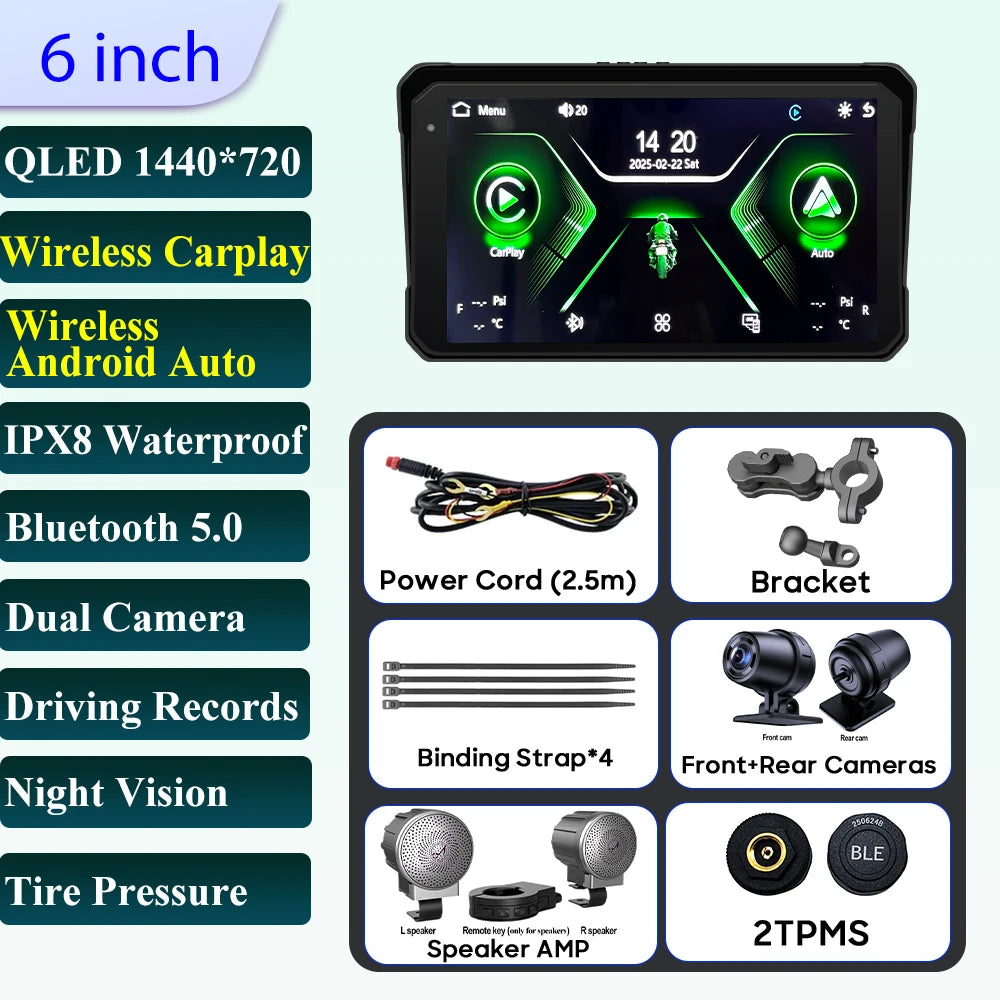 6 inch Motorcycle Navigation Incell Screen 1440*720 Wireless CarPlay Android Auto Motorcycle GPS Motor DVR Monitor TPMS Optional