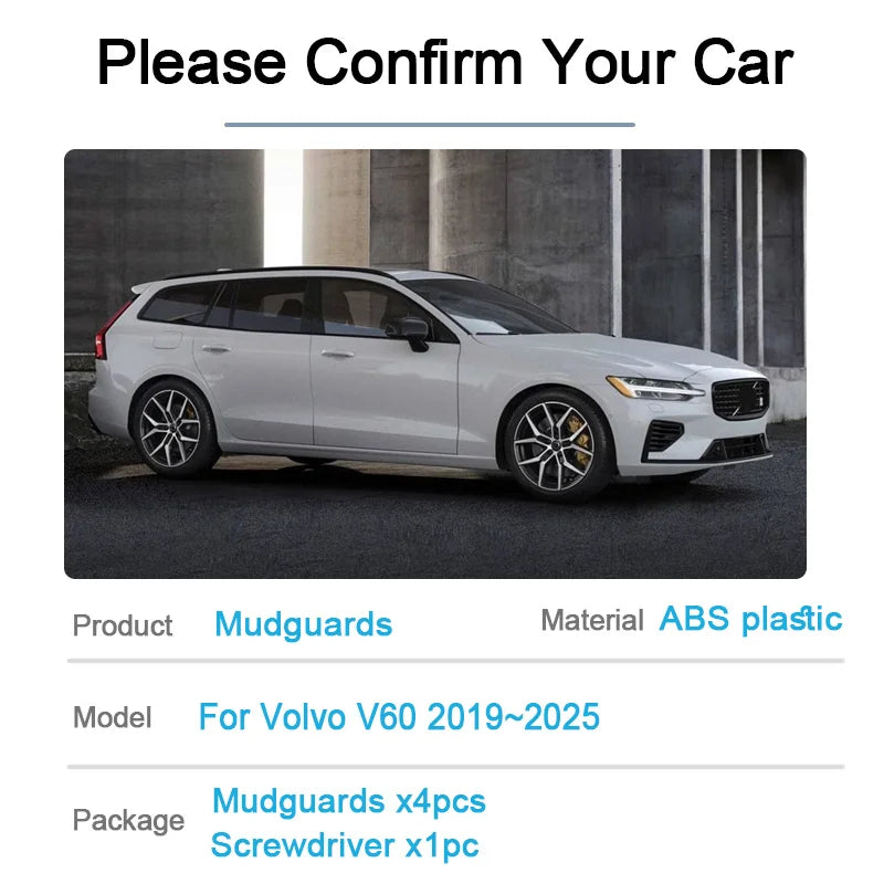 4PCS Car Mudguards For Volvo V60 2019~2025 2020 2021 2022 2023 2024 Wheel Mud Flaps Splash Guards Front Rear Fenders Accessories