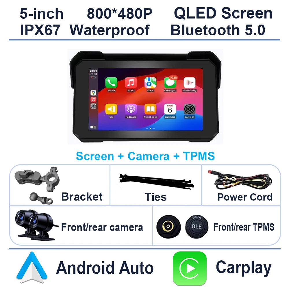 5 inch Motorcycle Carplay Waterproof 1080P WiFi Wireless Android-Auto DVR Monitor Dash Cam GPS Navigation TPMS