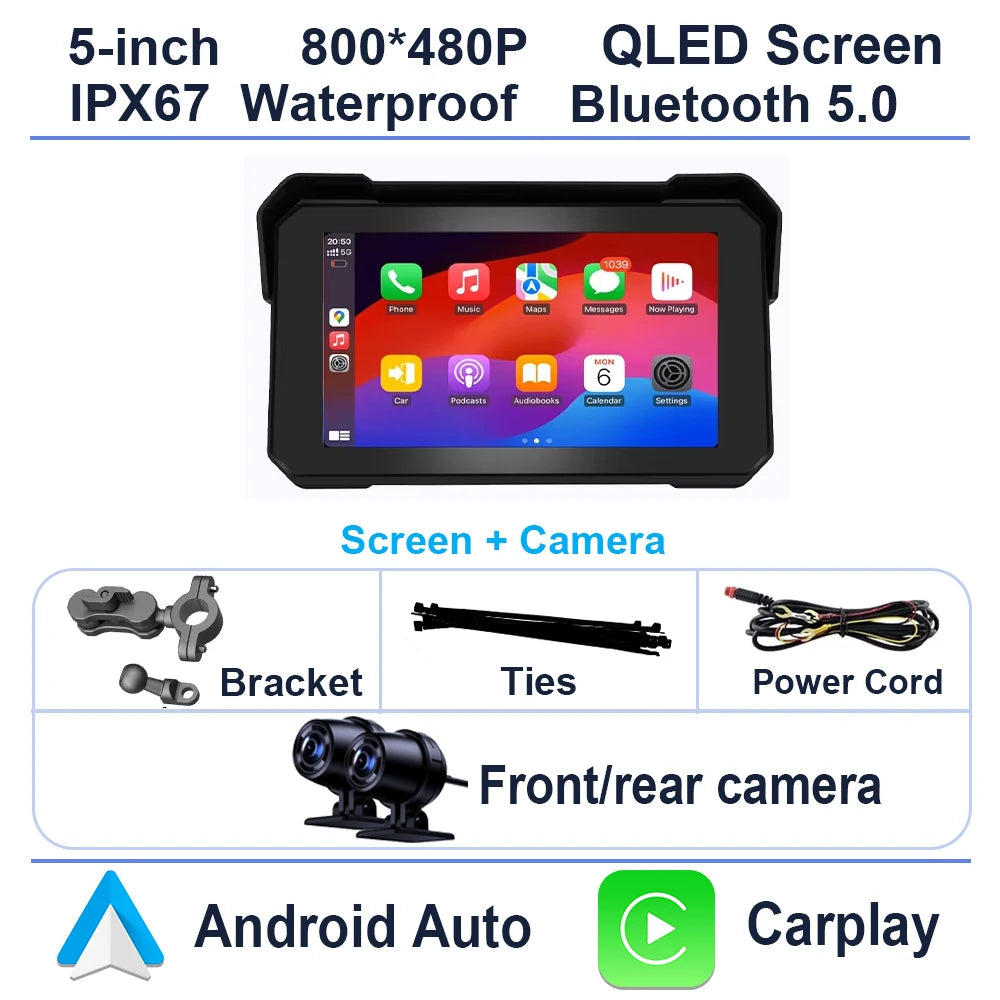 5 inch Motorcycle Carplay Waterproof 1080P WiFi Wireless Android-Auto DVR Monitor Dash Cam GPS Navigation TPMS