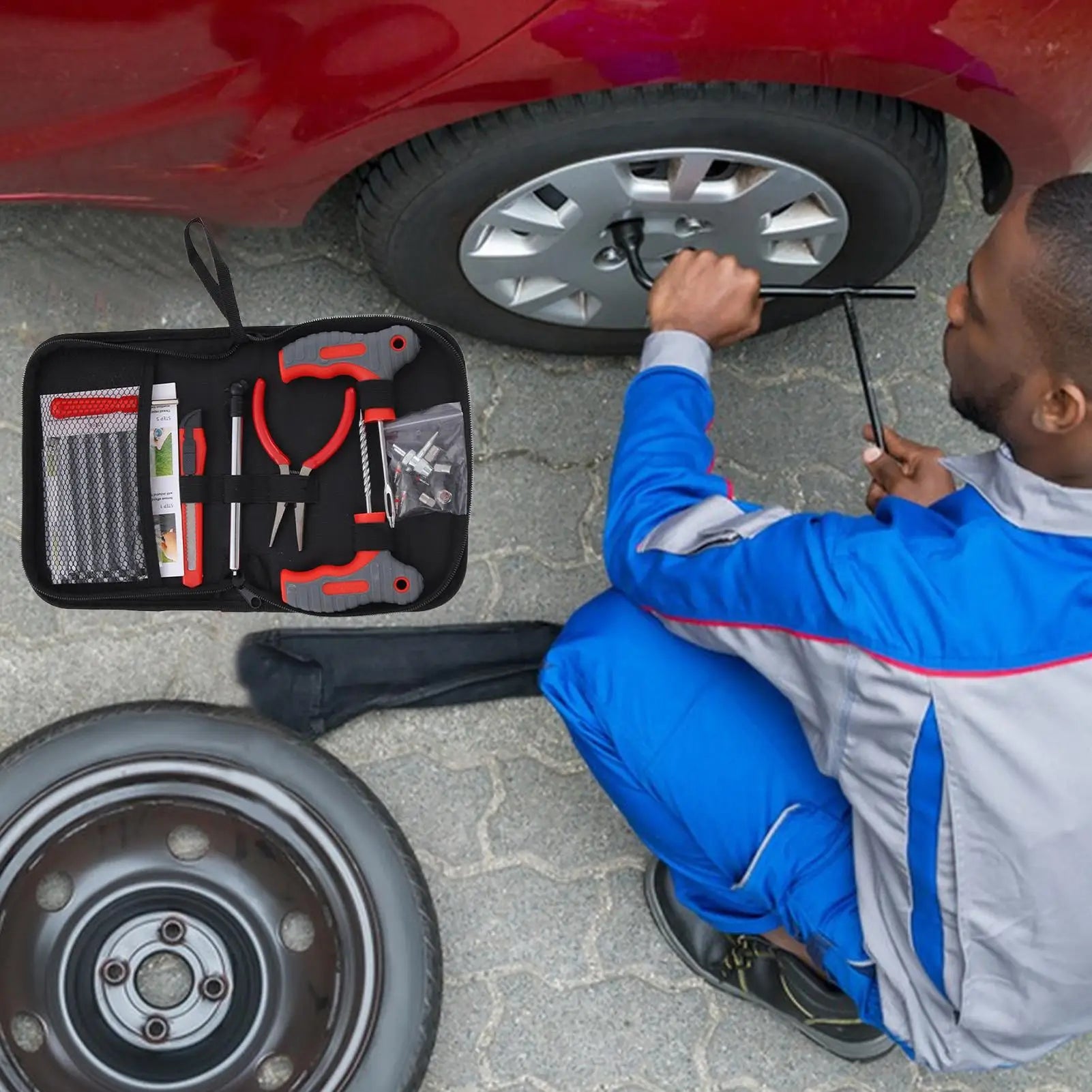 34 Pieces Car Tire Repair Kit Motorcycle Patch Flats Repair Kit Portable Fix Tools for Travel Daily Roadside Sedans SUV Truck RV
