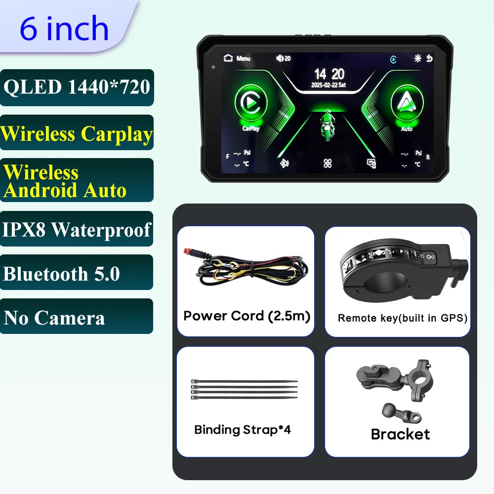 6 inch Motorcycle Navigation Incell Screen 1440*720 Wireless CarPlay Android Auto Motorcycle GPS Motor DVR Monitor TPMS Optional