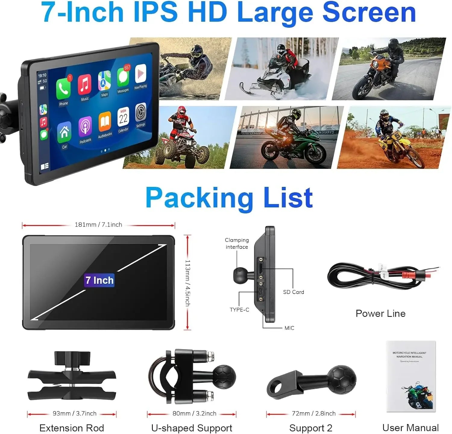 5/7 inch Carplay Motorcycle DVR Navigation GPS Wireless CarPlay Android Auto Airplay Display Screen Portable IPX7 Moto Monitor