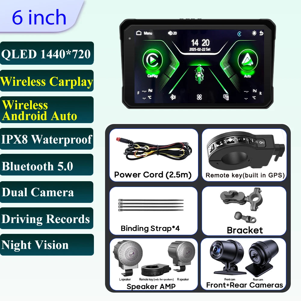 6 inch Motorcycle Navigation Incell Screen 1440*720 Wireless CarPlay Android Auto Motorcycle GPS Motor DVR Monitor TPMS Optional
