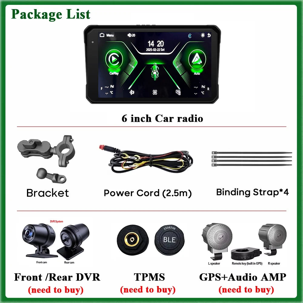 6 inch Motorcycle Navigation Incell Screen 1440*720 Wireless CarPlay Android Auto Motorcycle GPS Motor DVR Monitor TPMS Optional