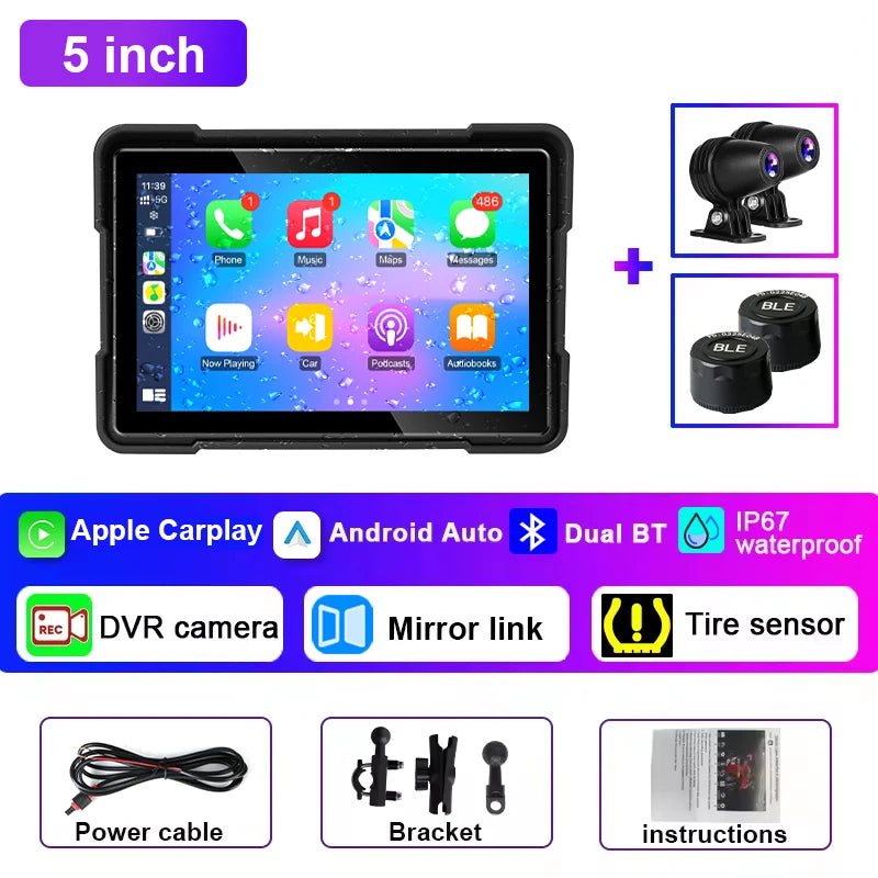5 inch Carplay Motorcycle DVR Navigation GPS Wireless Carplay & Android Auto Display Screen Portable Motorbike DVR TPMS IPX7 BT