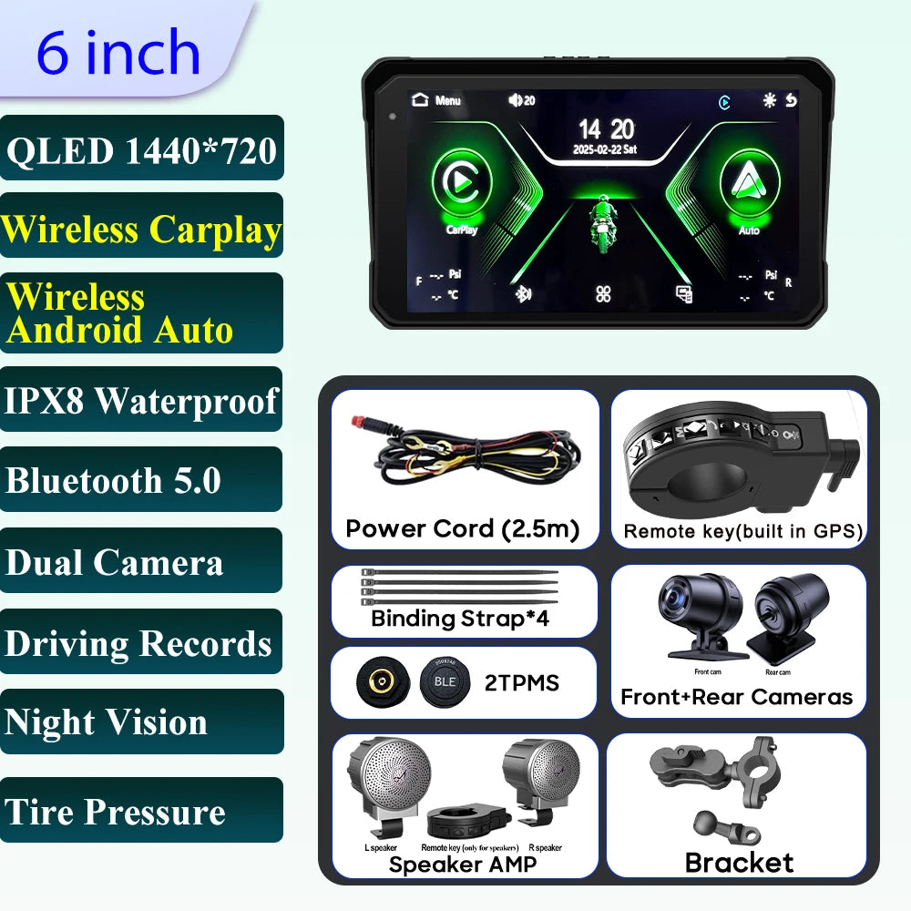 6 inch Motorcycle Navigation Incell Screen 1440*720 Wireless CarPlay Android Auto Motorcycle GPS Motor DVR Monitor TPMS Optional