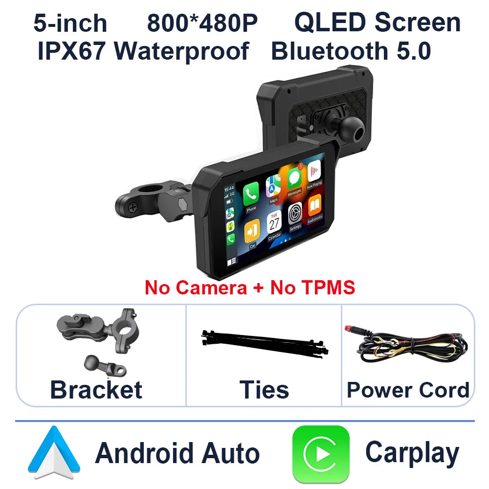 5 inch Motorcycle Carplay Waterproof 1080P WiFi Wireless Android-Auto DVR Monitor Dash Cam GPS Navigation TPMS