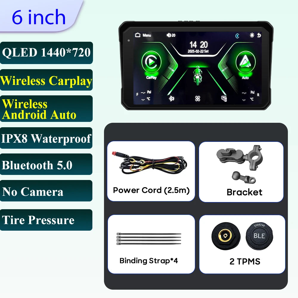 6 inch Motorcycle Navigation Incell Screen 1440*720 Wireless CarPlay Android Auto Motorcycle GPS Motor DVR Monitor TPMS Optional