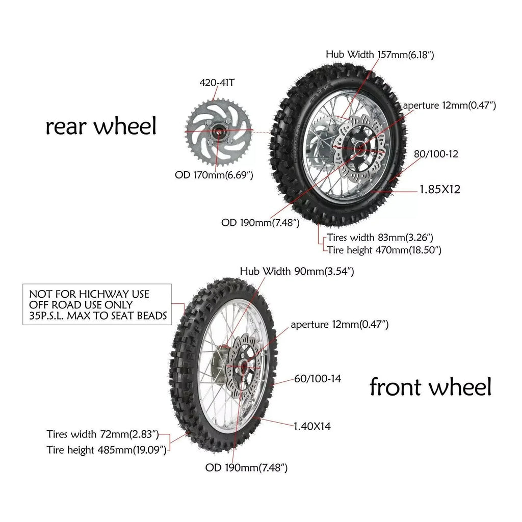 14" Front Wheel 60/100-14 Tire 1.4x14 Rim & 80/100-12 3.0-12 Rear