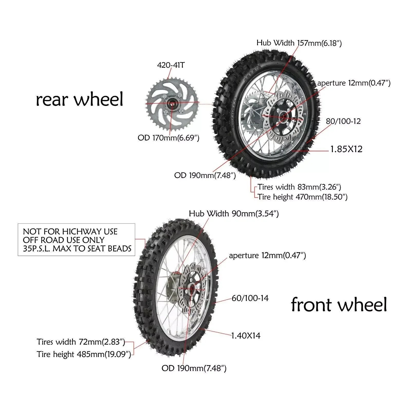 14" Front Wheel 60/100-14 Tire 1.4x14 Rim & 80/100-12 3.0-12 Rear