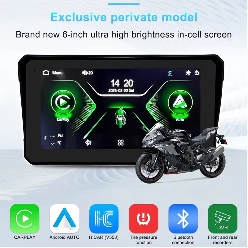 6 inch Motorcycle Navigation Incell Screen 1440*720 Wireless CarPlay Android Auto Motorcycle GPS Motor DVR Monitor TPMS Optional