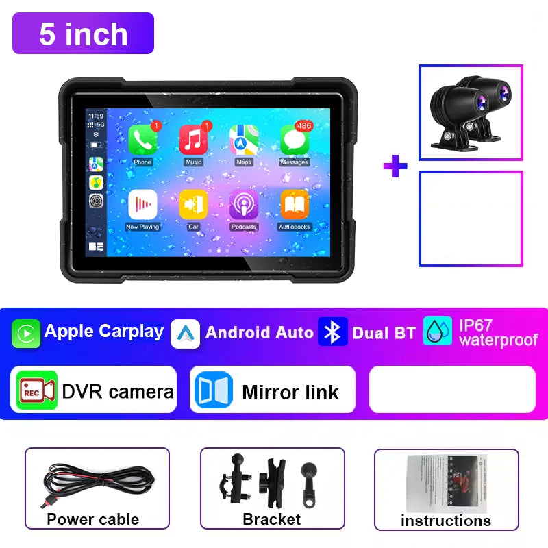 5 inch Carplay Motorcycle DVR Navigation GPS Wireless Carplay & Android Auto Display Screen Portable Motorbike DVR TPMS IPX7 BT