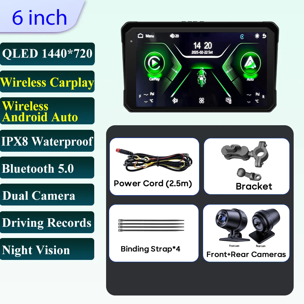 6 inch Motorcycle Navigation Incell Screen 1440*720 Wireless CarPlay Android Auto Motorcycle GPS Motor DVR Monitor TPMS Optional