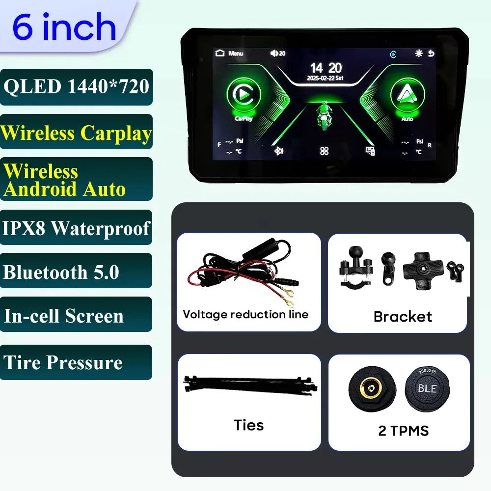 6 inch Motorcycle Navigation Incell Screen 1440*720 Wireless CarPlay Android Auto Motorcycle GPS Motor DVR Monitor TPMS Optional