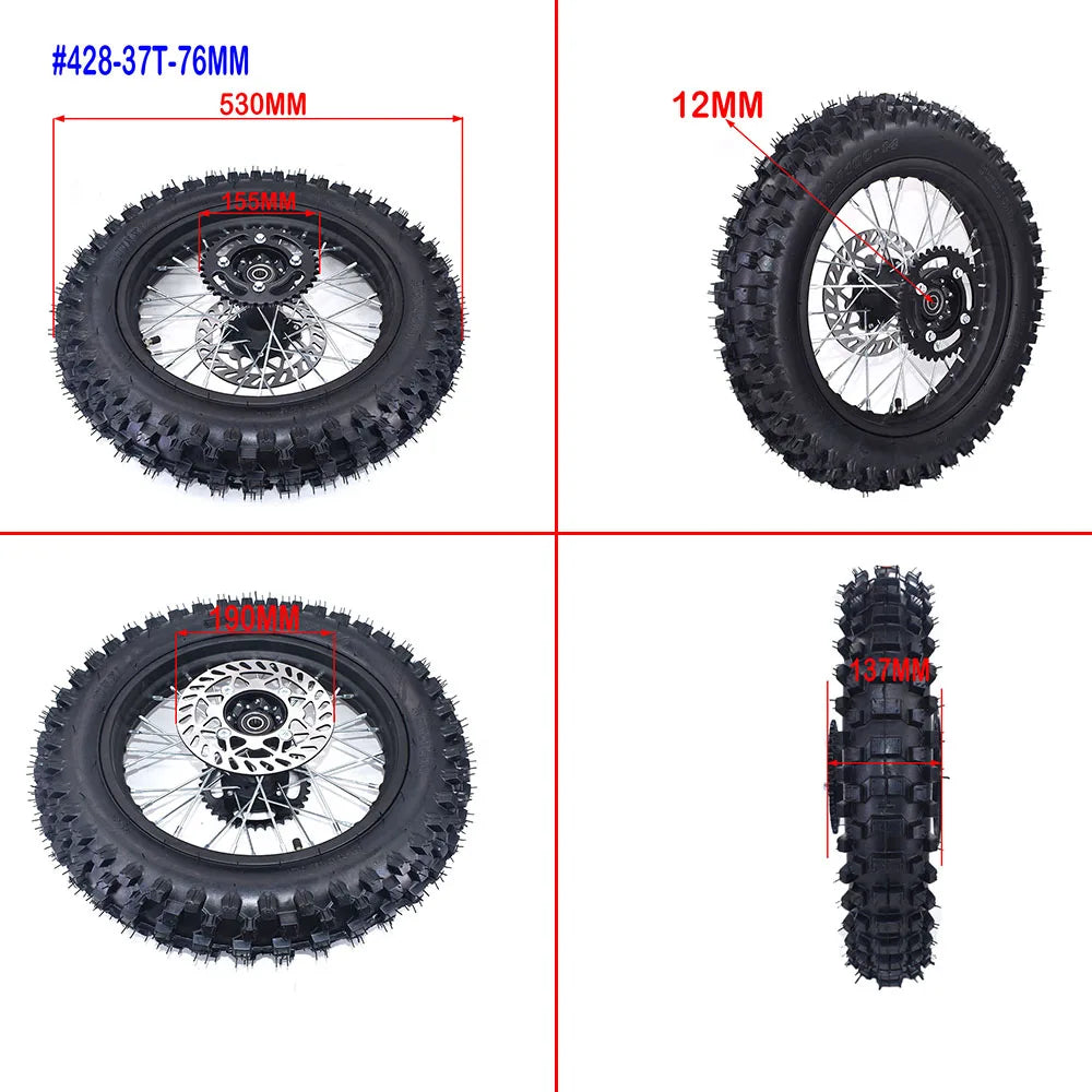 1.85-14 Inch Rear 14" Wheel 90/100-14 Dirt Tire Steel Circle Rims With Brake Disc Plate and Sprocket For Dirt Bike Motorcycle