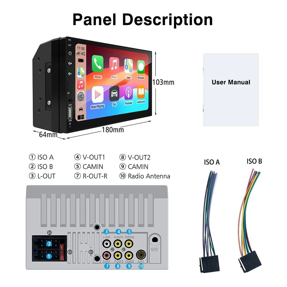 2Din 7 Inch HD Screen Full Touch Carplay Android Auto Car Raido Multimedia MP5 Player Stereo USB Bluetooth Universal Autoradio