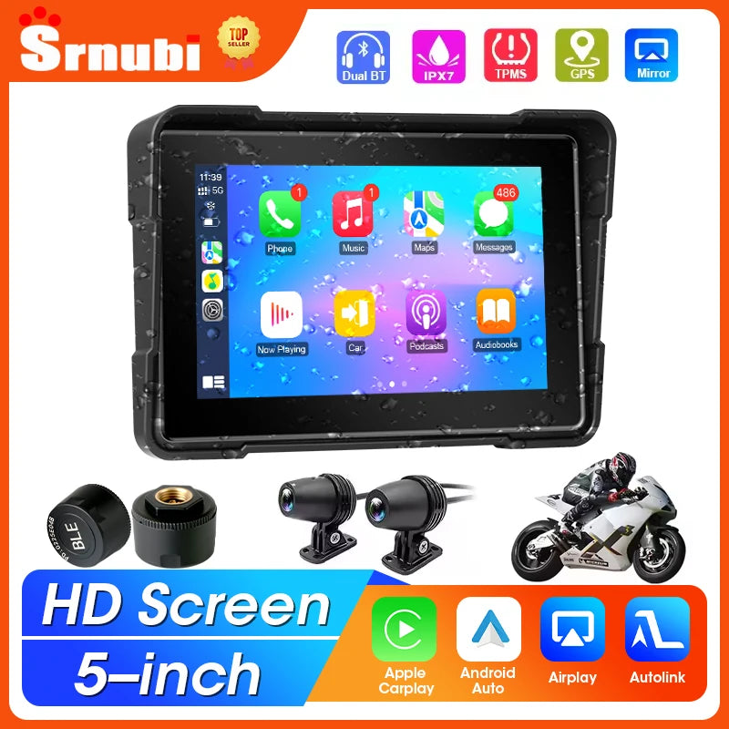 5 inch Carplay Motorcycle DVR Navigation GPS Wireless Carplay & Android Auto Display Screen Portable Motorbike DVR TPMS IPX7 BT