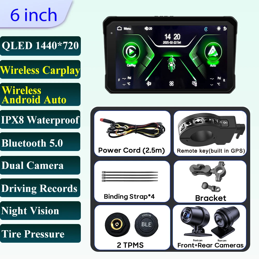 6 inch Motorcycle Navigation Incell Screen 1440*720 Wireless CarPlay Android Auto Motorcycle GPS Motor DVR Monitor TPMS Optional