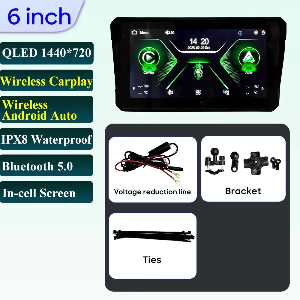 6 inch Motorcycle Navigation Incell Screen 1440*720 Wireless CarPlay Android Auto Motorcycle GPS Motor DVR Monitor TPMS Optional