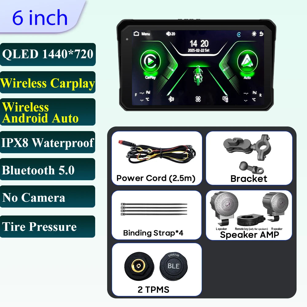 6 inch Motorcycle Navigation Incell Screen 1440*720 Wireless CarPlay Android Auto Motorcycle GPS Motor DVR Monitor TPMS Optional