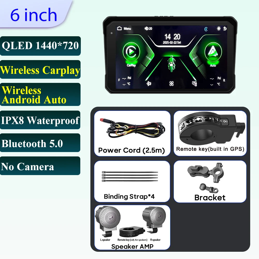 6 inch Motorcycle Navigation Incell Screen 1440*720 Wireless CarPlay Android Auto Motorcycle GPS Motor DVR Monitor TPMS Optional