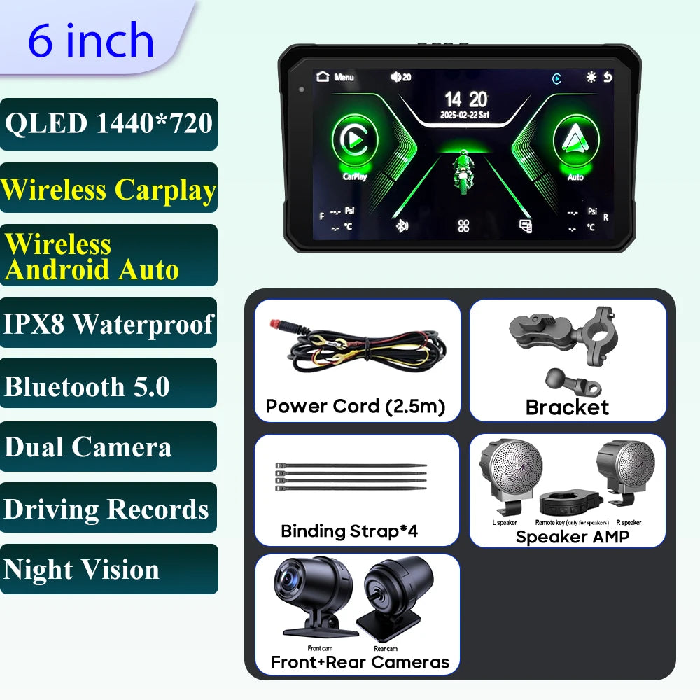 6 inch Motorcycle Navigation Incell Screen 1440*720 Wireless CarPlay Android Auto Motorcycle GPS Motor DVR Monitor TPMS Optional