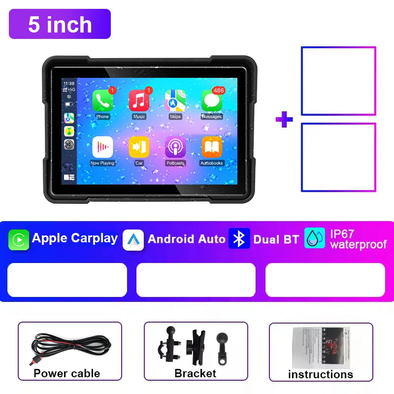 5 inch Carplay Motorcycle DVR Navigation GPS Wireless Carplay & Android Auto Display Screen Portable Motorbike DVR TPMS IPX7 BT