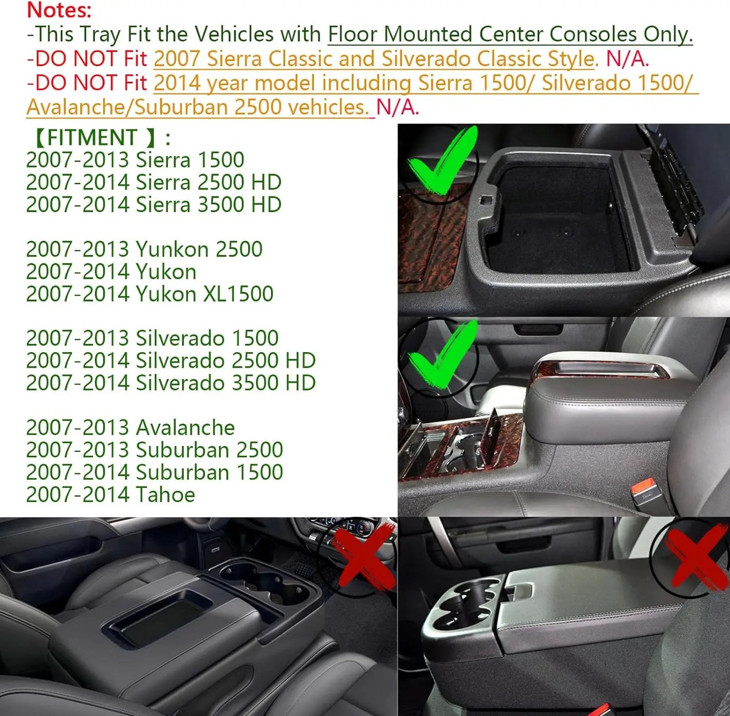 07-14 Full Size Trucks Center Front Floor Console Compatible with Chevrolet Avalanche Tahoe Silverado Suburban