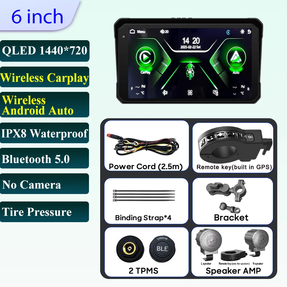 6 inch Motorcycle Navigation Incell Screen 1440*720 Wireless CarPlay Android Auto Motorcycle GPS Motor DVR Monitor TPMS Optional