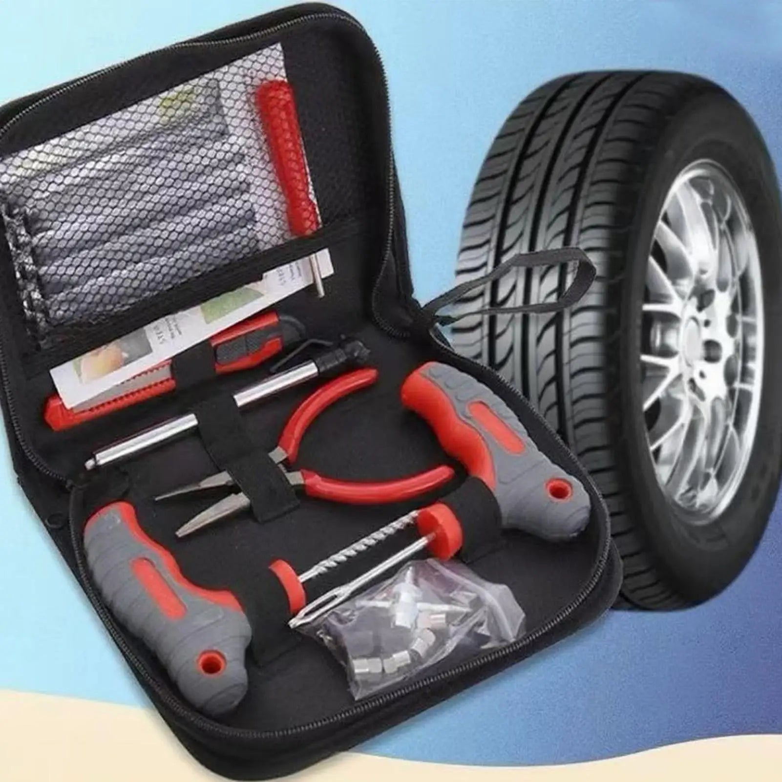 34 Pieces Car Tire Repair Kit Motorcycle Patch Flats Repair Kit Portable Fix Tools for Travel Daily Roadside Sedans SUV Truck RV